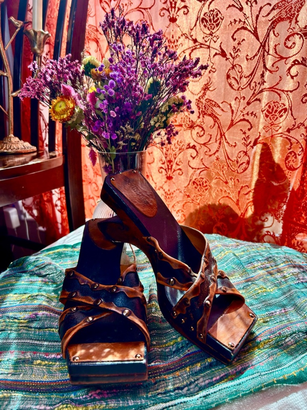 RARE y2k Dollhouse Brown Studded Leather Block Heel Sandals